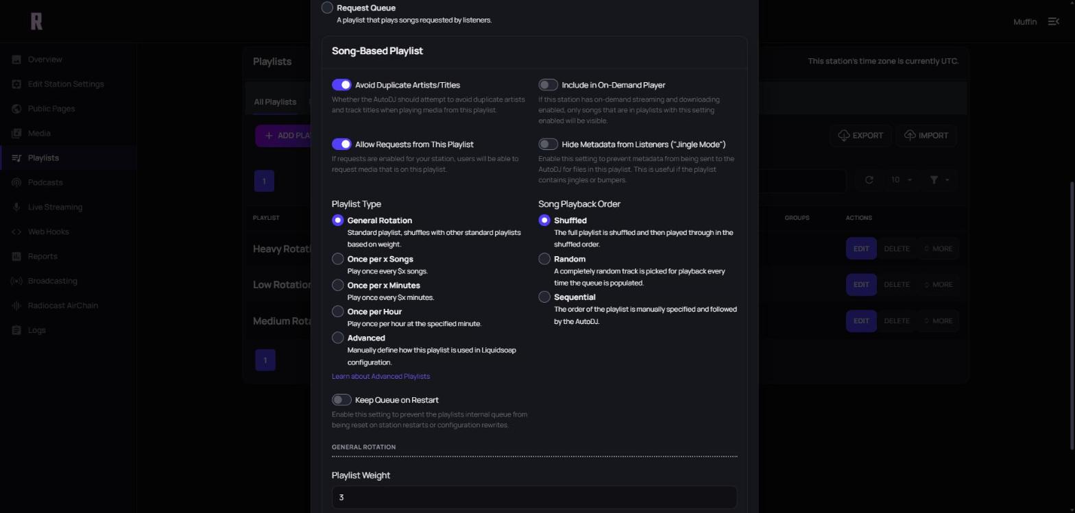 The Add Playlist form showing source, options, playlist type, song playback order and playlist weight