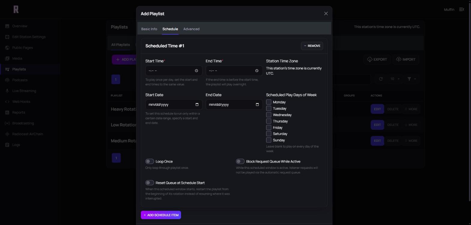 The Schedule tab of a playlist with start and end time, dates, days of the week and scheduling switches