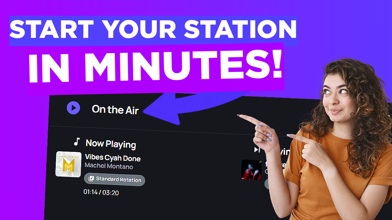 Radiocast internet radio hosting tutorial thumbnail featuring the text “Start Your Station in Minutes!”, a radio broadcasting dashboard, and a woman pointing toward the interface.