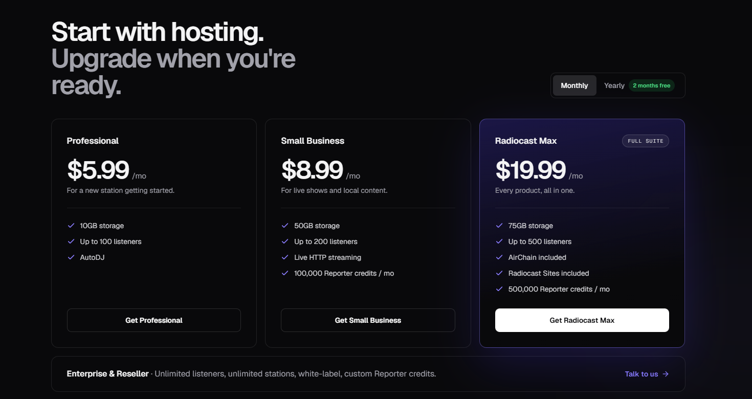 Radiocast internet radio hosting pricing plans starting at $5.99 per month, featuring Professional, Small Business, and Radiocast Max packages with AutoDJ, live streaming, AirChain, Reporter, and website-building tools.