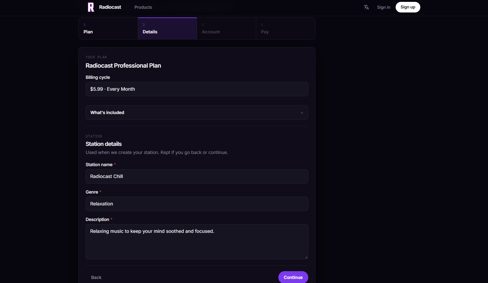 Radiocast internet radio station setup form showing the Professional hosting plan at $5.99 per month, with fields to customize a station's name, music genre, and description before continuing to account creation and payment.