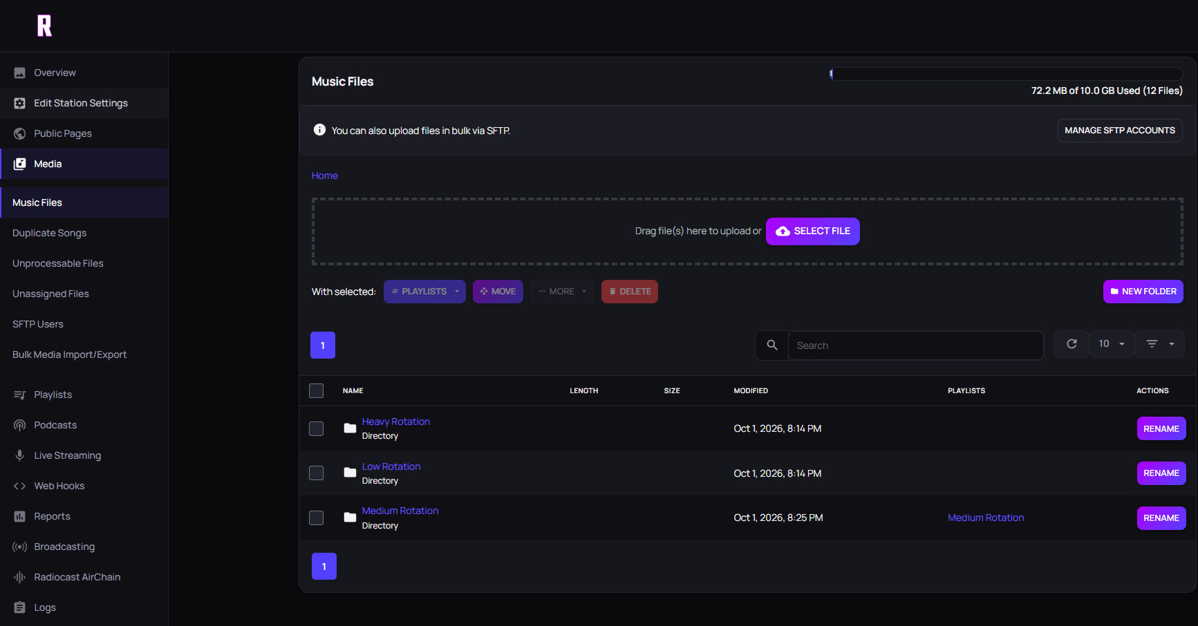 Radiocast internet radio hosting dashboard showing the Music Files manager, where station owners can upload songs, organize audio files into folders, assign tracks to AutoDJ playlists, and manage their music library.