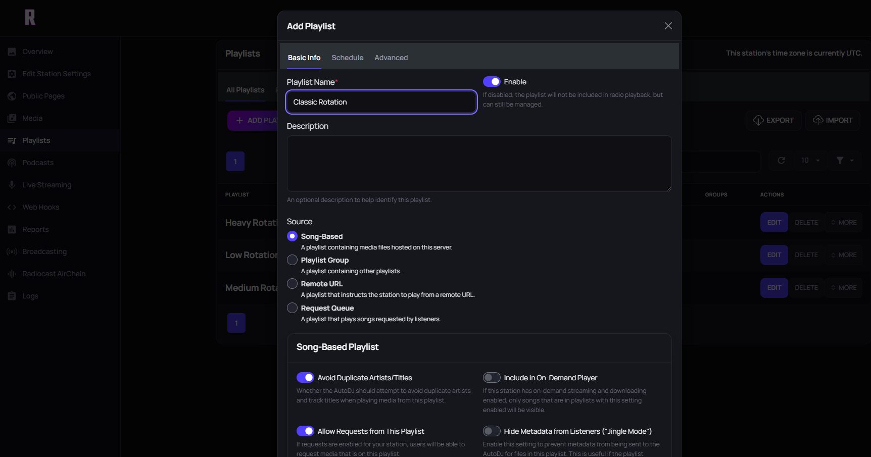 Radiocast AutoDJ playlist creation interface showing how to configure an internet radio station playlist, including playlist name, music source, scheduling options, duplicate track prevention, and listener song requests.