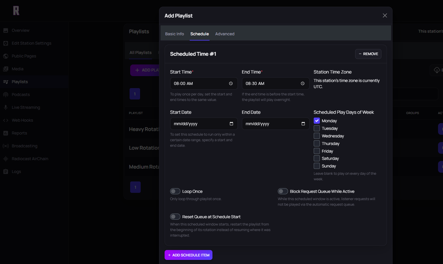 Radiocast AutoDJ playlist scheduling interface showing how to schedule internet radio broadcasts by start time, end time, date, and day of the week, with options for playlist looping and listener request management.